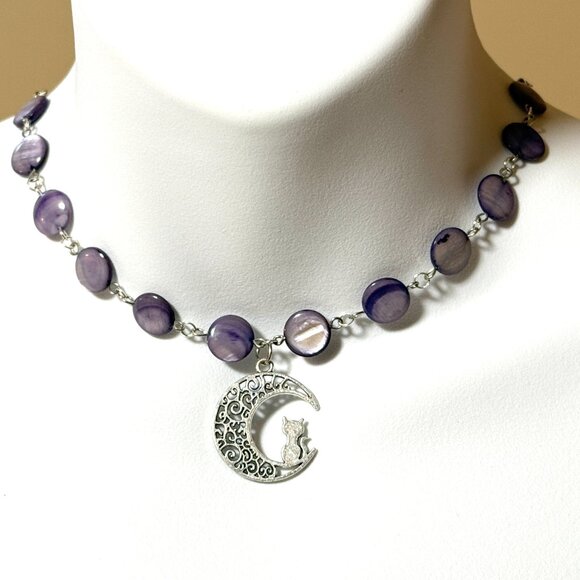 Purple Mother of Pearl Beaded Short Necklace + Cat on the Moon Pendant - Picture 2 of 13
